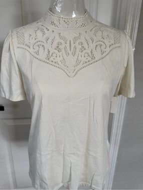 Charter Club Cream Lace Yoke Short Sleeve Top
